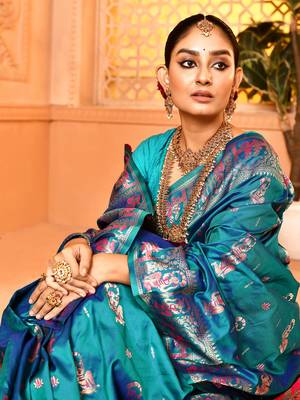 Elora pure soft silk baluchari weaving saree (firozi) 5