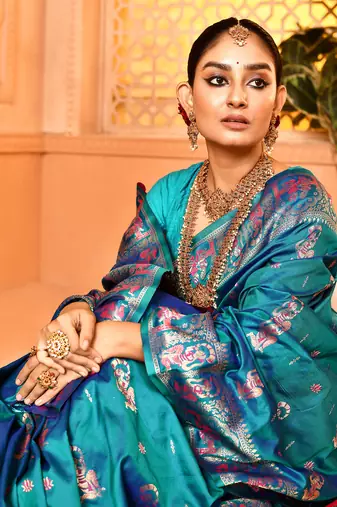 Elora pure soft silk baluchari weaving saree (firozi)