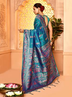 Elora pure soft silk baluchari weaving saree (firozi) 6