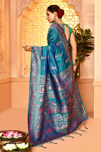 Elora pure soft silk baluchari weaving saree (firozi)