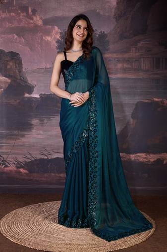  Chiffon Sequin Embroidery Cut Work Border Saree With Unstitch Blouse Piece