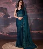  Chiffon Sequin Embroidery Cut Work Border Saree With Unstitch Blouse Piece