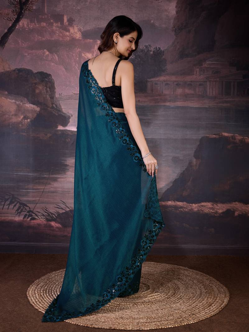  Chiffon Sequin Embroidery Cut Work Border Saree With Unstitch Blouse Piece