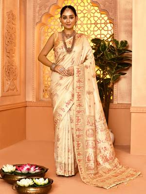 Elora pure soft silk baluchari weaving saree (cream) 1