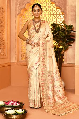 Elora pure soft silk baluchari weaving saree (cream)