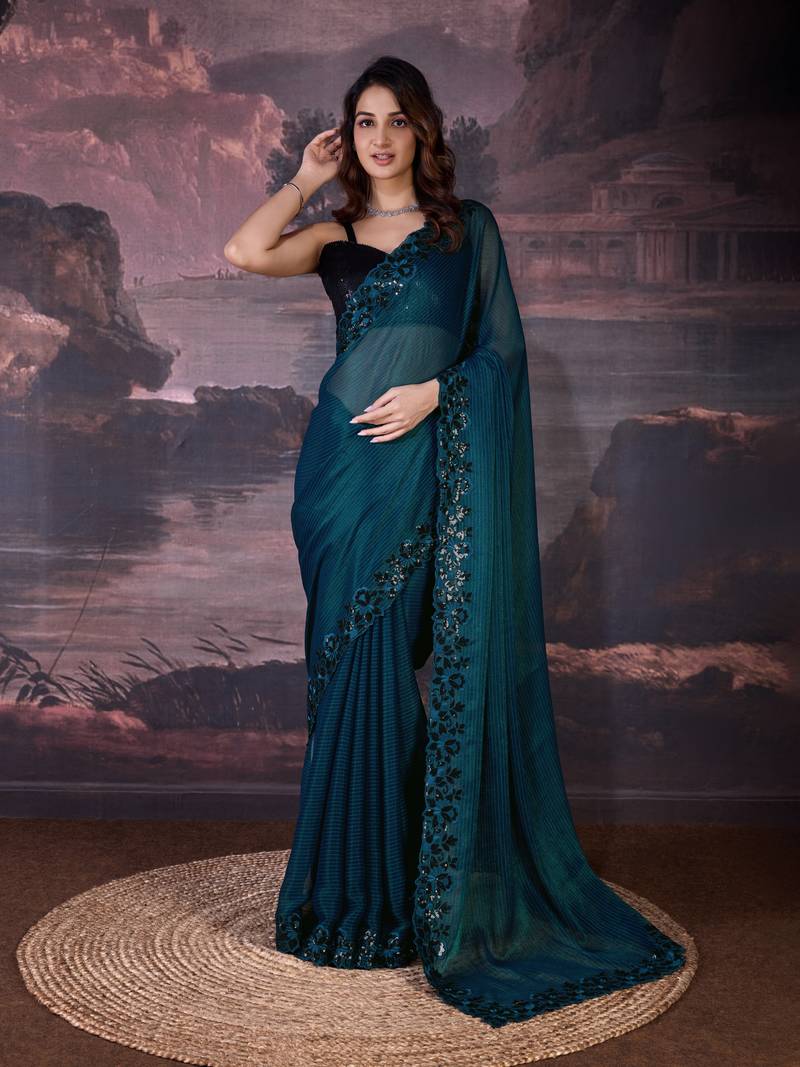  Chiffon Sequin Embroidery Cut Work Border Saree With Unstitch Blouse Piece