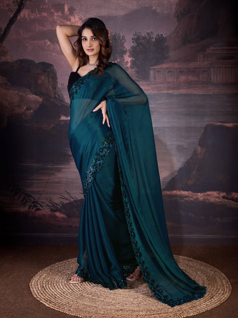  Chiffon Sequin Embroidery Cut Work Border Saree With Unstitch Blouse Piece
