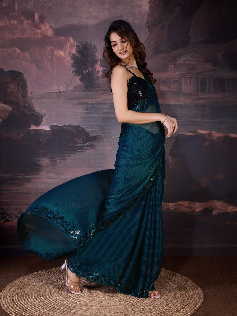  Chiffon Sequin Embroidery Cut Work Border Saree With Unstitch Blouse Piece