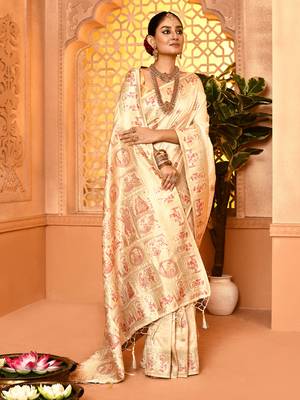 Elora pure soft silk baluchari weaving saree (cream) 3