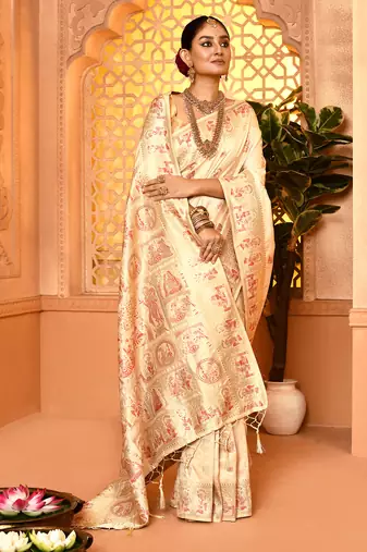Elora pure soft silk baluchari weaving saree (cream)