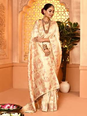 Elora pure soft silk baluchari weaving saree (cream) 4