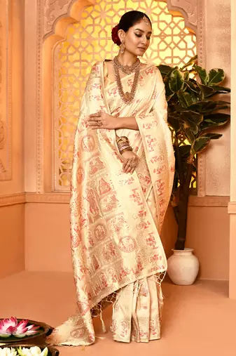 Elora pure soft silk baluchari weaving saree (cream)