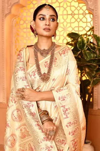 Elora pure soft silk baluchari weaving saree (cream)
