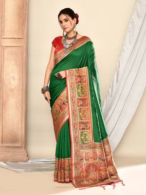 Elora pure soft silk banarasi plain weaving saree (dark green) 1