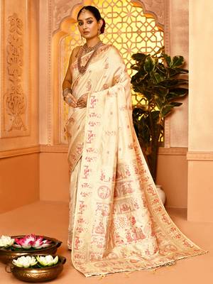 Elora pure soft silk baluchari weaving saree (cream) 6