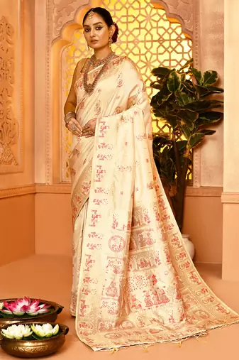 Elora pure soft silk baluchari weaving saree (cream)