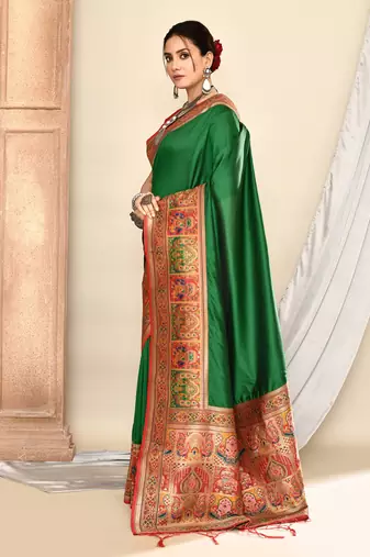 Elora pure soft silk banarasi plain weaving saree (dark green)
