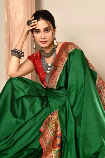 Elora pure soft silk banarasi plain weaving saree (dark green)