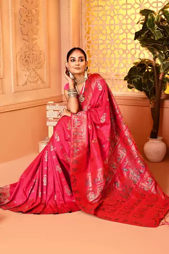 Elora pure soft silk baluchari weaving saree (pink)