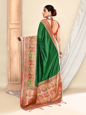 Elora pure soft silk banarasi plain weaving saree (dark green) 6