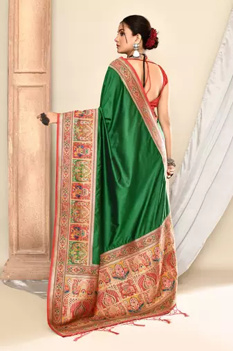 Elora pure soft silk banarasi plain weaving saree (dark green)