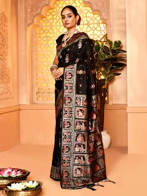 Elora pure soft silk baluchari weaving saree (black) 3