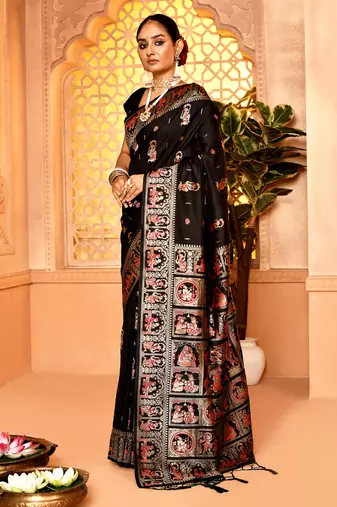 Elora pure soft silk baluchari weaving saree (black)