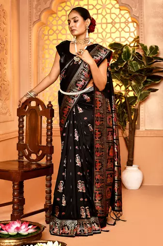 Elora pure soft silk baluchari weaving saree (black)