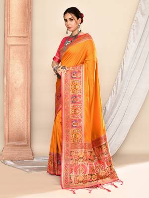Elora pure soft silk banarasi plain weaving saree (mustard) 3
