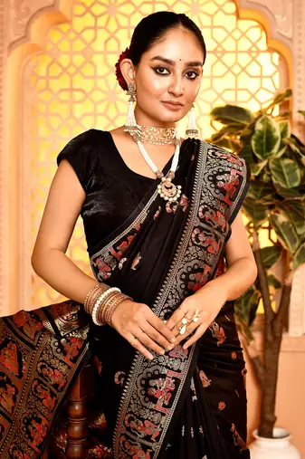 Elora pure soft silk baluchari weaving saree (black)