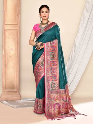 Elora pure soft silk banarasi plain weaving saree (teal green) 1