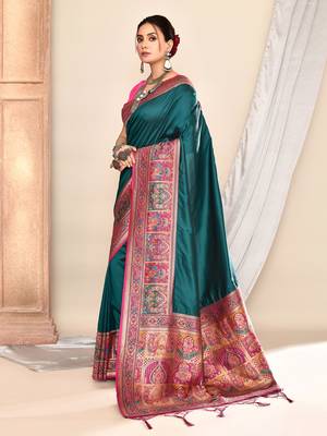Elora pure soft silk banarasi plain weaving saree (teal green) 3