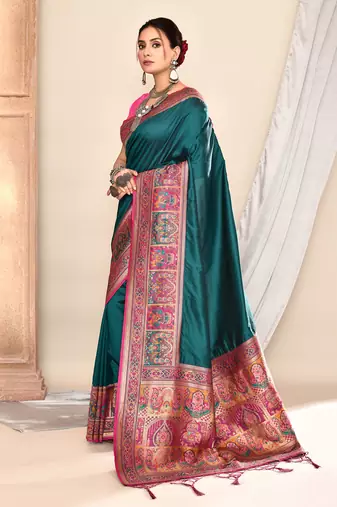 Elora pure soft silk banarasi plain weaving saree (teal green)