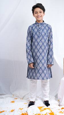 Boys Indigo Handblock Printed Full Sleeves Kurta With Paired White Cotton Pants 1