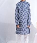 Boys Indigo Handblock Printed Full Sleeves Kurta With Paired White Cotton Pants