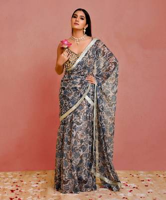Beige and blue floral printed georgette pre-stiched saree with blouse 1