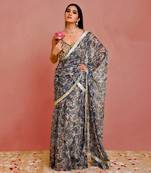 Beige and blue floral printed georgette pre-stiched saree with blouse