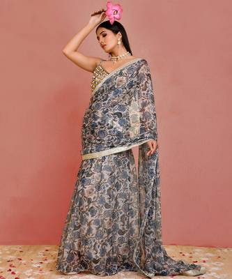 Beige and blue floral printed georgette pre-stiched saree with blouse 2