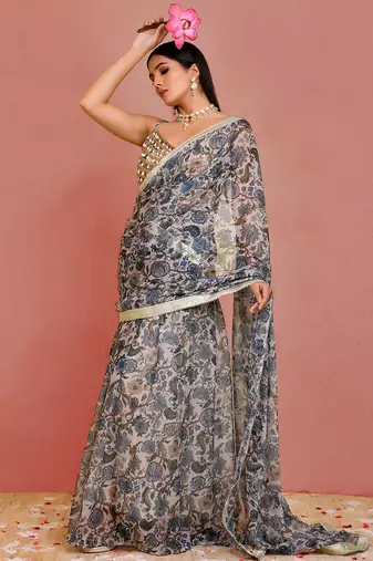 Beige and blue floral printed georgette pre-stiched saree with blouse