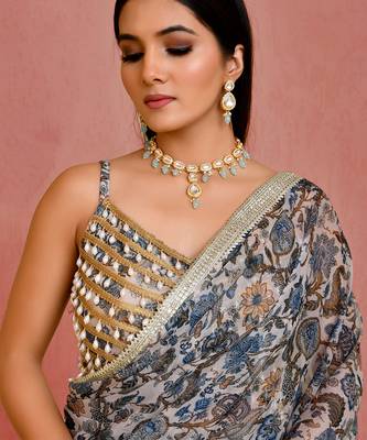 Beige and blue floral printed georgette pre-stiched saree with blouse 3