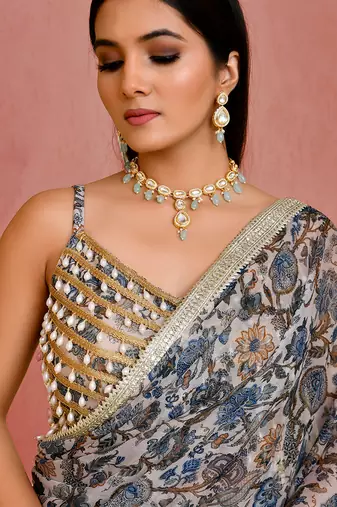 Beige and blue floral printed georgette pre-stiched saree with blouse