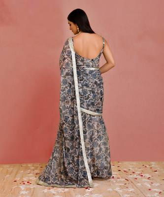 Beige and blue floral printed georgette pre-stiched saree with blouse 4