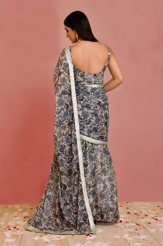 Beige and blue floral printed georgette pre-stiched saree with blouse