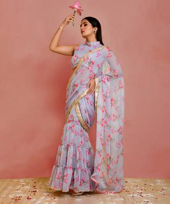 Grey floral printed chiffon pre-stiched sharara saree with blouse 1