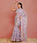 Grey floral printed chiffon pre-stiched sharara saree with blouse