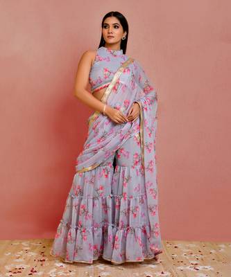 Grey floral printed chiffon pre-stiched sharara saree with blouse 2