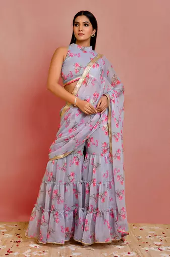Grey floral printed chiffon pre-stiched sharara saree with blouse