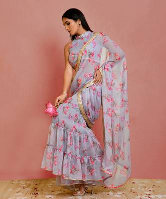 Grey floral printed chiffon pre-stiched sharara saree with blouse 3