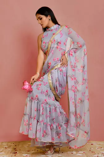 Grey floral printed chiffon pre-stiched sharara saree with blouse