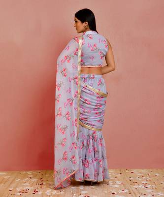 Grey floral printed chiffon pre-stiched sharara saree with blouse 4